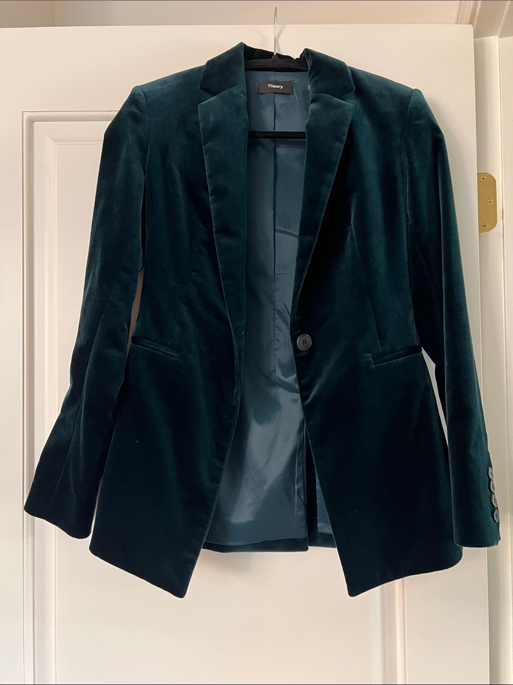 Theory Velvet Single-Button Blazer in Deep Teal Green